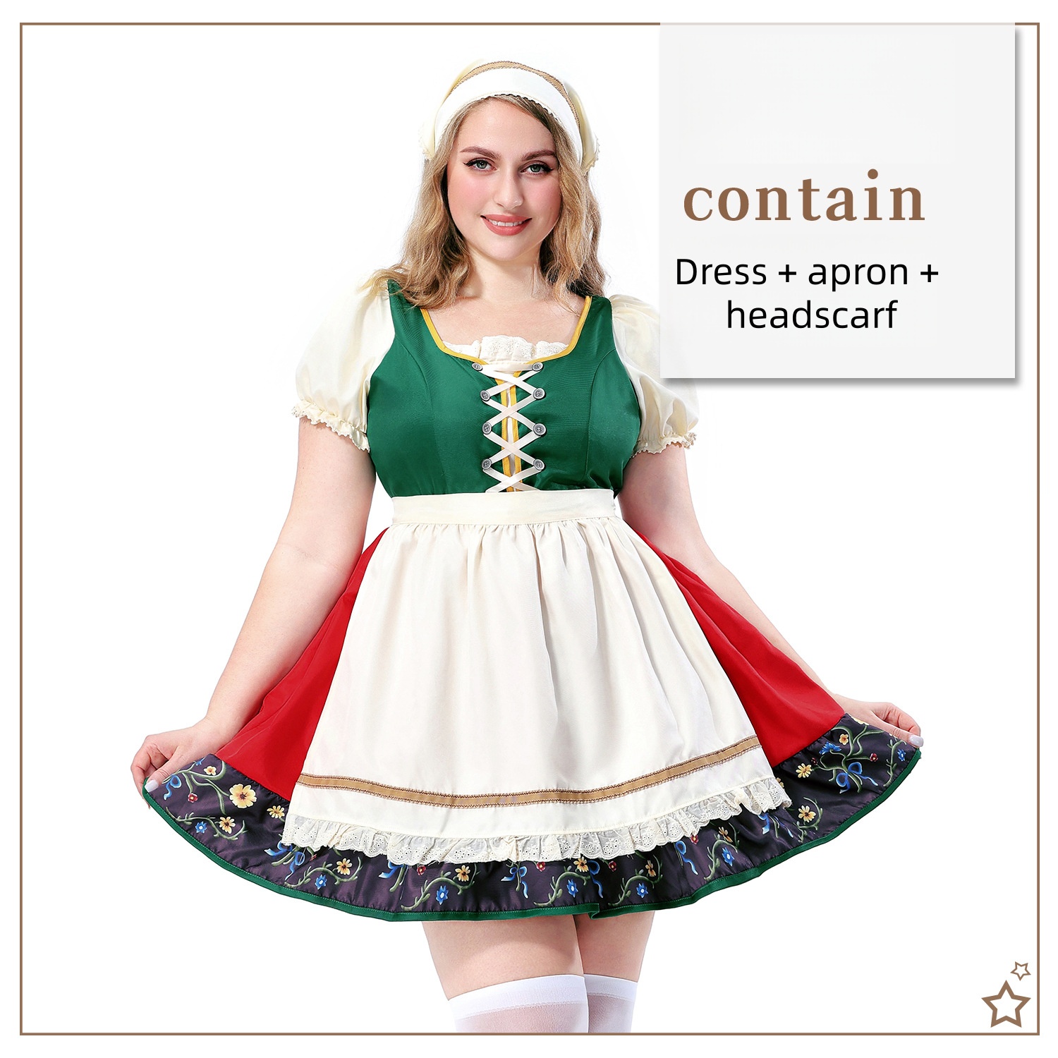 Plus Size Dirndl Dress Bavarian Oktoberfest Costume Floral Print Apron Dress